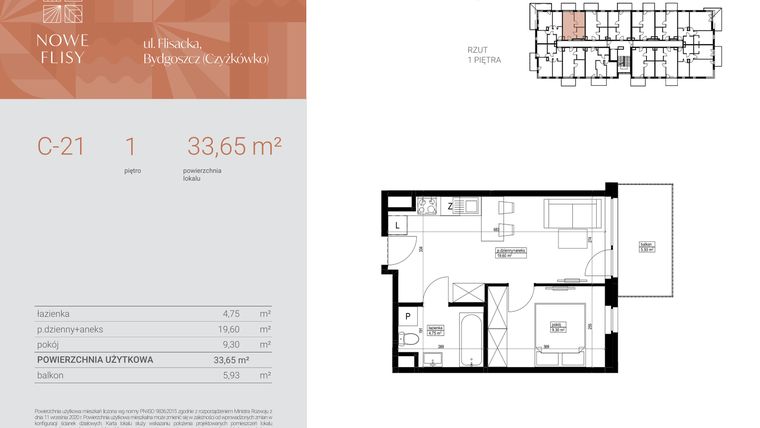 Rzut - Mieszkanie na sprzedaż 2 pokoje o powierzchni 33,65 m² - numer M21_NF.c w Nowe Flisy II