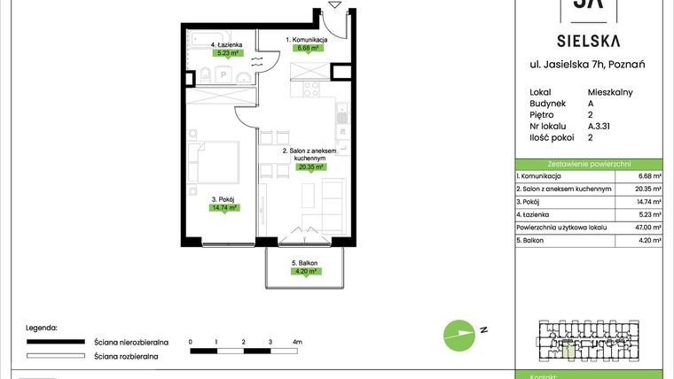 Rzut - Mieszkanie na sprzedaż 2 pokoje o powierzchni 47 m² - numer A.3.31 w JA_SIELSKA V