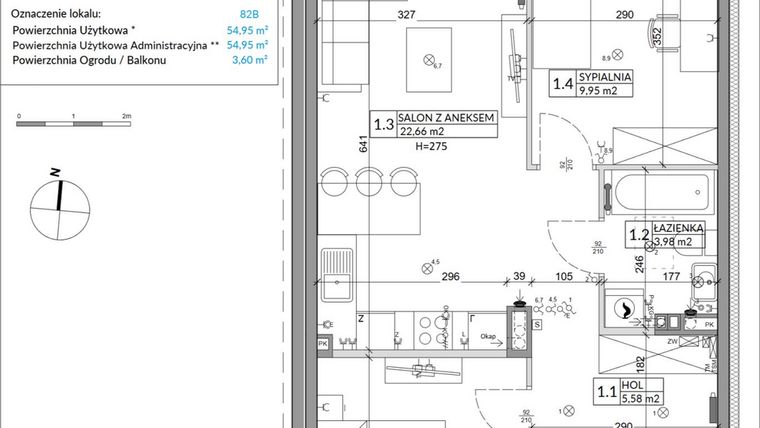 Rzut - Mieszkanie na sprzedaż 3 pokoje o powierzchni 54,95 m² - numer 82B w Osiedle Młodych etap VII