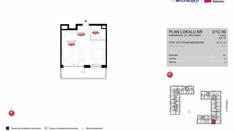 Rzut - Mieszkanie na sprzedaż 1 pokój o powierzchni 37,77 m² - numer D1C 99 w Modern Mokotów etap 4, budynek D1 i D2