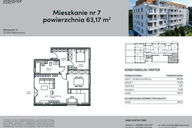 Rzut - Mieszkanie na sprzedaż 2 pokoje o powierzchni 63,17 m² - numer 7 w Odrowców 7C