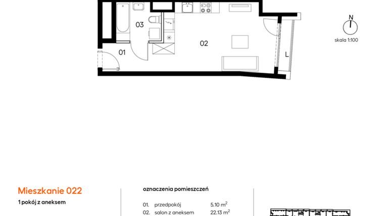Rzut - Mieszkanie na sprzedaż 1 pokój o powierzchni 32,03 m² - numer A.A022 w Miasto Polskich Mistrzów Olimpijskich II