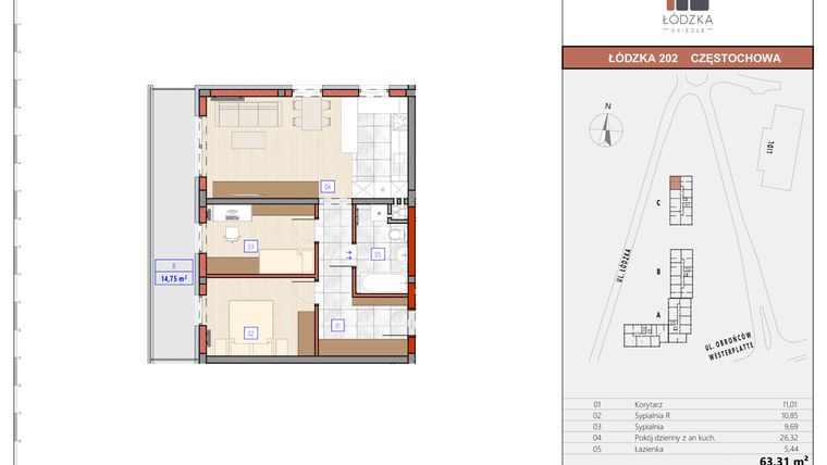 Rzut - Mieszkanie na sprzedaż 3 pokoje o powierzchni 63,24 m² - numer C.M.08 w Łódzka Osiedle