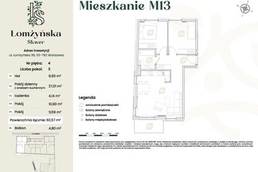 Rzut - Mieszkanie na sprzedaż 3 pokoje o powierzchni 60,57 m² - numer 13 w Łomżyńska Skwer