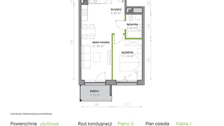 Rzut - Mieszkanie na sprzedaż 2 pokoje o powierzchni 41,44 m² - numer K1/3/18 w Piękna Vita