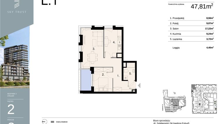Rzut - Mieszkanie na sprzedaż 2 pokoje o powierzchni 47,81 m² - numer L1 w Sky Trust etap II - apartamenty inwestycyjne 23% VAT PRS
