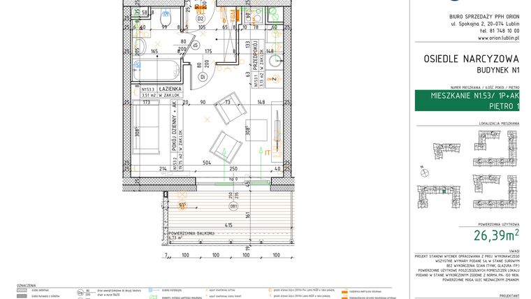 Rzut - Mieszkanie na sprzedaż 1 pokój o powierzchni 26,39 m² - numer N1.53 w Osiedle Narcyzowe etap 2
