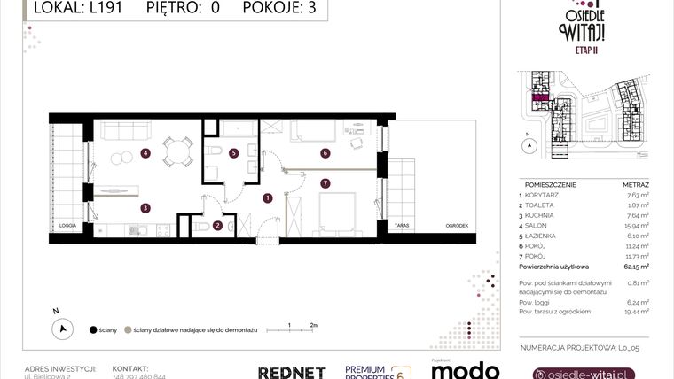 Rzut - Mieszkanie na sprzedaż 3 pokoje o powierzchni 62,96 m² - numer L191 w Osiedle Witaj etap II