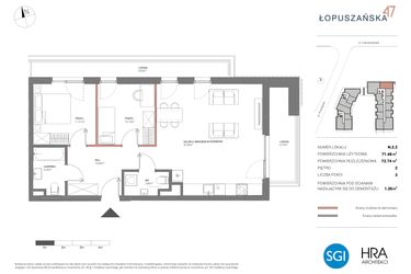 Rzut - Mieszkanie na sprzedaż 3 pokoje o powierzchni 72,76 m² - numer N.2.2 w Łopuszańska 47 - etap 4