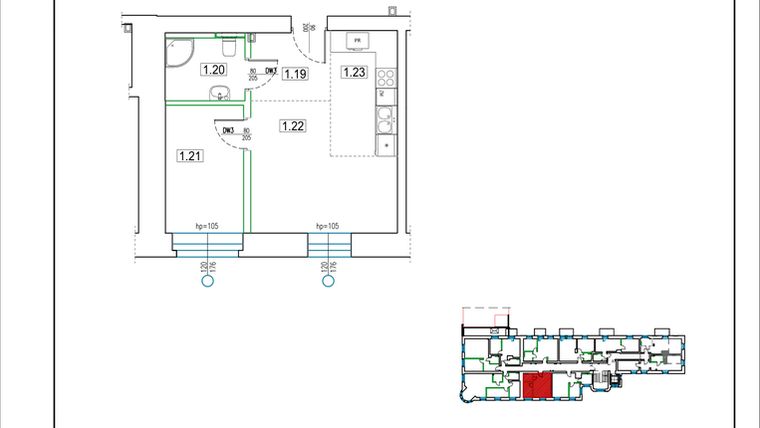 Rzut - Mieszkanie na sprzedaż 2 pokoje o powierzchni 34,04 m² - numer 9 w Kamienica 62