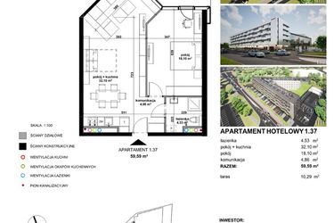 Rzut - Mieszkanie na sprzedaż 2 pokoje o powierzchni 58,69 m² - numer 137 w Apartamentowiec Zwycięska 3 - inwestycyjne
