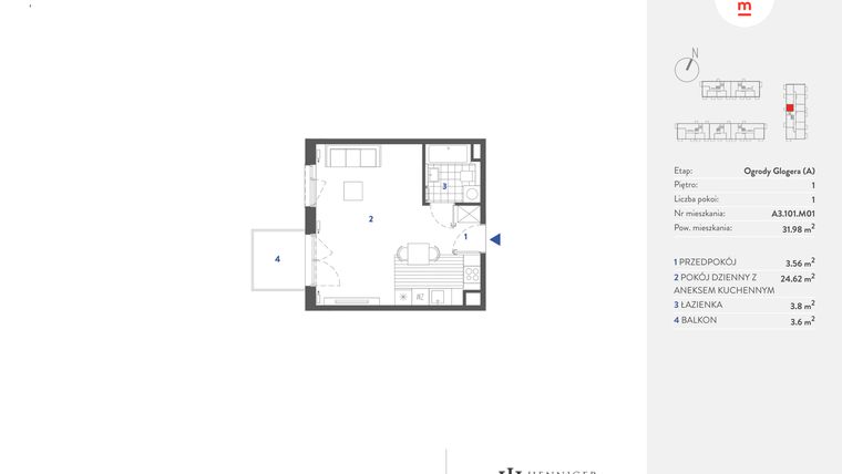 Rzut - Mieszkanie na sprzedaż 1 pokój o powierzchni 31,99 m² - numer A3.101.M01 w Mieszkaj w mieście - Ogrody Glogera