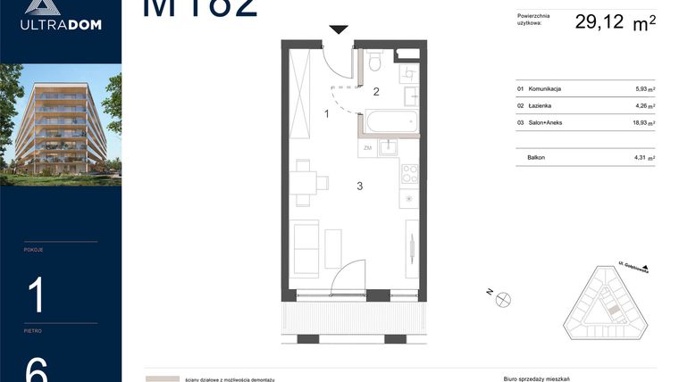 Rzut - Mieszkanie na sprzedaż 1 pokój o powierzchni 29,12 m² - numer M182 w Ultradom