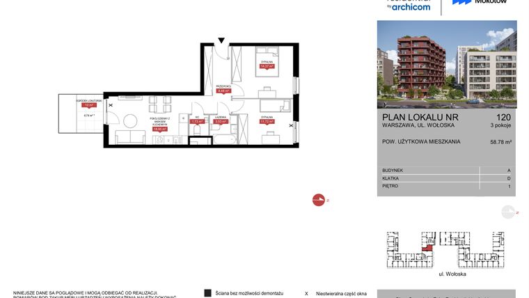 Rzut - Mieszkanie na sprzedaż 3 pokoje o powierzchni 58,78 m² - numer A.120 w Modern Mokotów etap 1 budynek A, B1 i B2