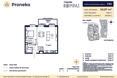 Rzut - Mieszkanie na sprzedaż 2 pokoje o powierzchni 50,97 m² - numer C62 w Osiedle Kompas