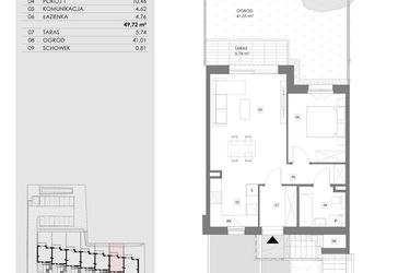 Rzut - Mieszkanie na sprzedaż 2 pokoje o powierzchni 49,72 m² - numer 16A.1 w Przystań Sobieszewo