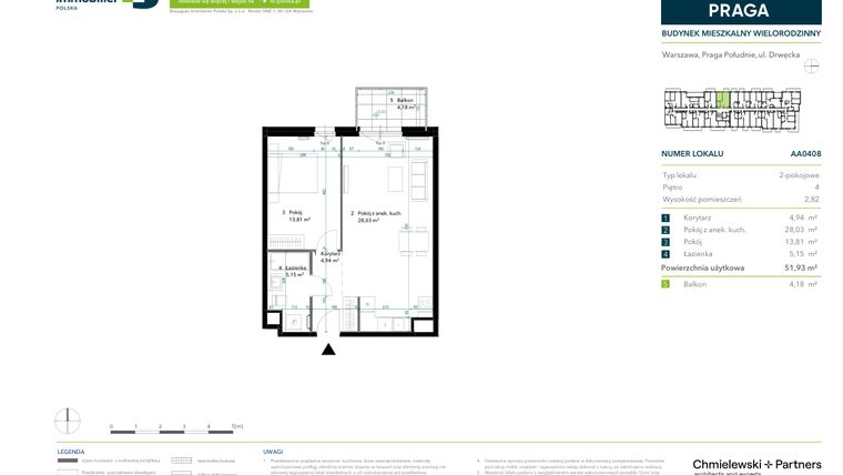 Rzut - Mieszkanie na sprzedaż 2 pokoje o powierzchni 51,93 m² - numer AA0408 w Neo Praga
