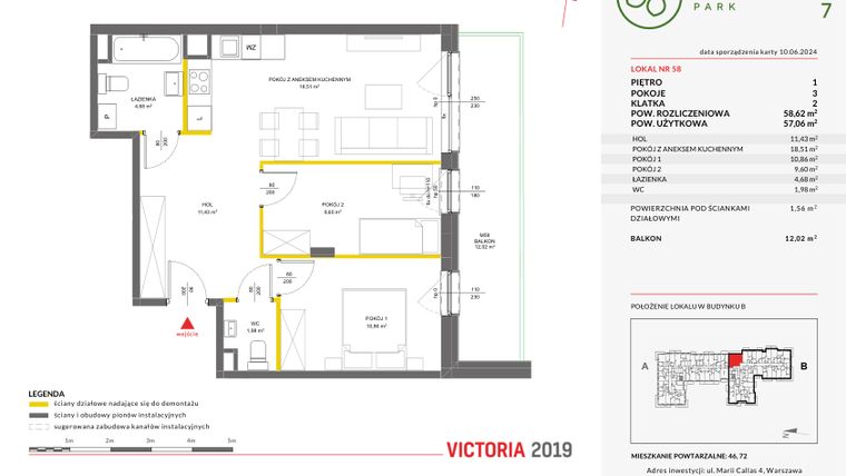 Rzut - Mieszkanie na sprzedaż 3 pokoje o powierzchni 58,62 m² - numer 58 w Olchowy Park VII