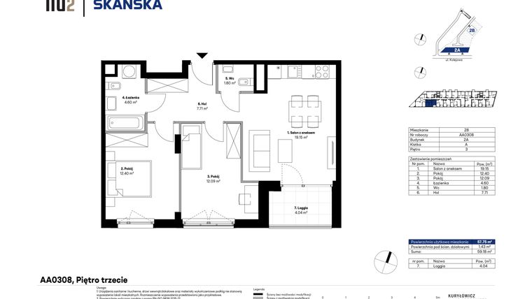 Rzut - Mieszkanie na sprzedaż 3 pokoje o powierzchni 57,75 m² - numer AA0308 w NU2 Warszawa Wola - apartamenty wykończone pod klucz