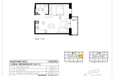 Rzut - Mieszkanie na sprzedaż 1 pokój o powierzchni 31,61 m² - numer 2A-1.2 w Gardenia Pogodno
