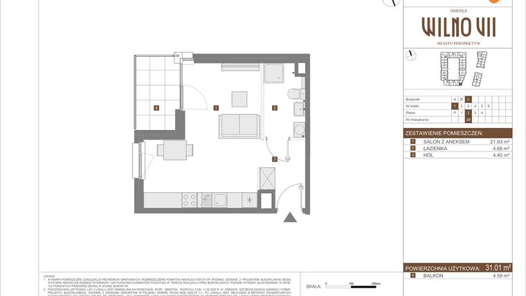 Rzut - Mieszkanie na sprzedaż 1 pokój o powierzchni 31,01 m² - numer C.28 w Osiedle Wilno VII etap 3