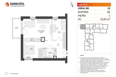 Rzut - Mieszkanie na sprzedaż 3 pokoje o powierzchni 52,02 m² - numer 12 w Locus 2 bud. B2