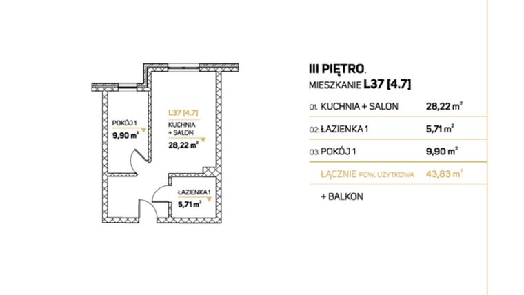 Rzut - Mieszkanie na sprzedaż 2 pokoje o powierzchni 43,83 m² - numer L37-4.7 w Zimowa Apartamenty