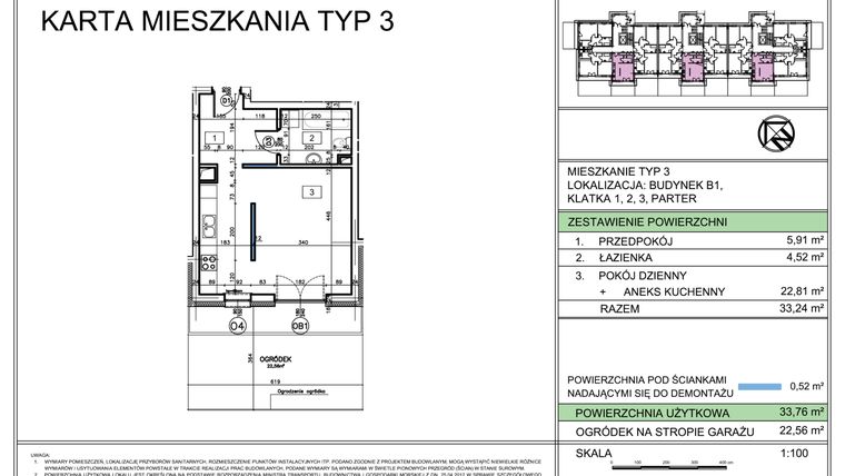 Rzut - Mieszkanie na sprzedaż 1 pokój o powierzchni 33,76 m² - numer B1.30 w Osiedle Leśne