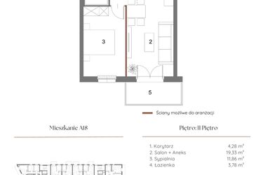 Rzut - Mieszkanie na sprzedaż 2 pokoje o powierzchni 39,96 m² - numer A18 w Dąbrowskiego 9
