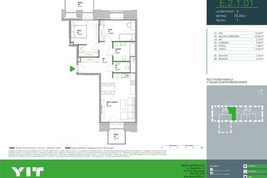 Rzut - Mieszkanie na sprzedaż 3 pokoje o powierzchni 73,33 m² - numer E.2.1.01 w Aroma Park Lofty