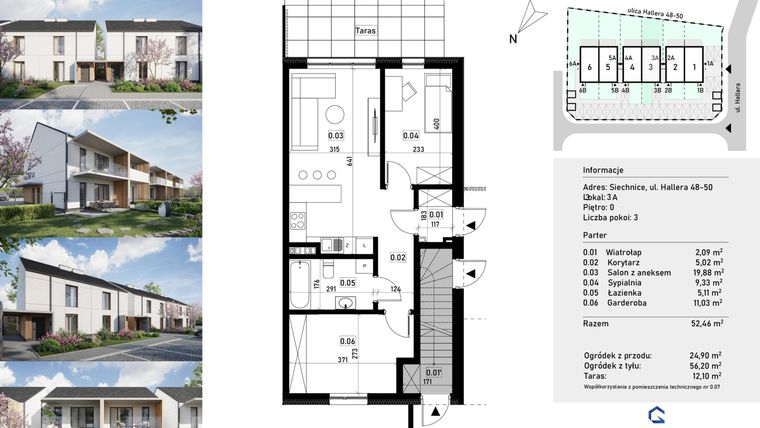 Rzut - Mieszkanie na sprzedaż 3 pokoje o powierzchni 52,46 m² - numer 3a w Przystań Siechnice