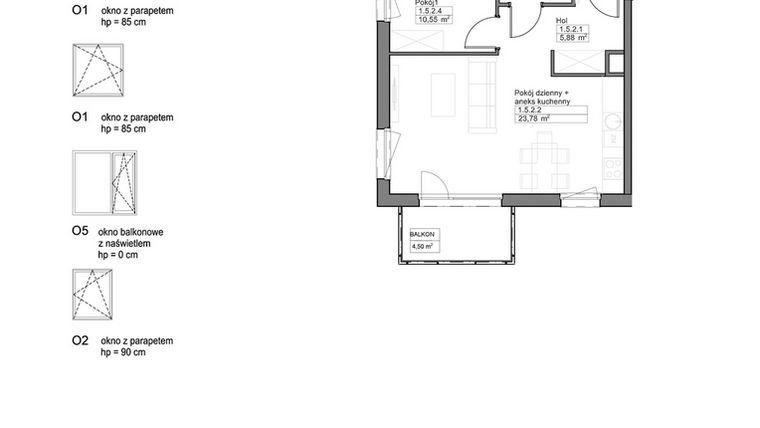 Rzut - Mieszkanie na sprzedaż 2 pokoje o powierzchni 44,49 m² - numer B.1.5.2 w Optima VIII