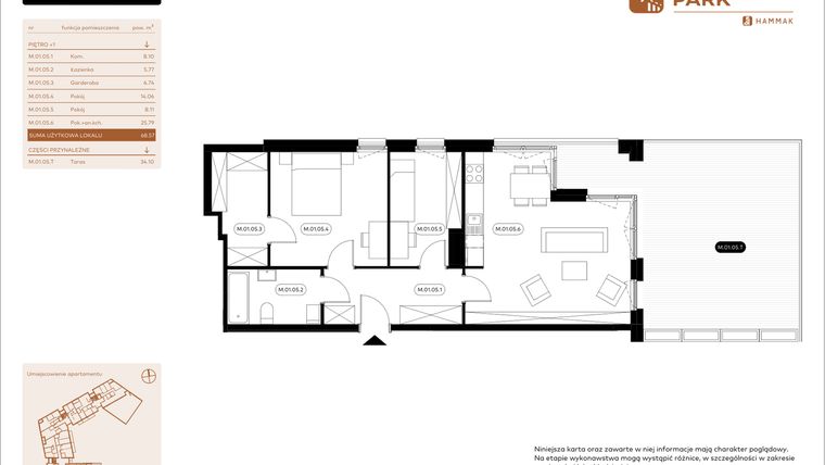 Rzut - Mieszkanie na sprzedaż 3 pokoje o powierzchni 68,57 m² - numer 1.05 w Białoprądnicka Park