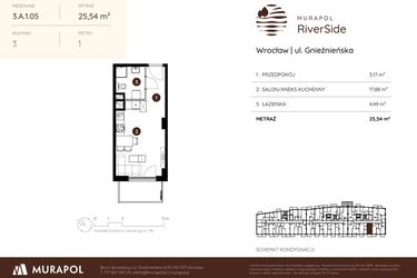 Rzut - Mieszkanie na sprzedaż 1 pokój o powierzchni 25,54 m² - numer 3.A.1.05 w Murapol RiverSide