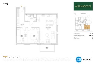 Rzut - Mieszkanie na sprzedaż 3 pokoje o powierzchni 66,91 m² - numer B.1.03 w Ananasowa