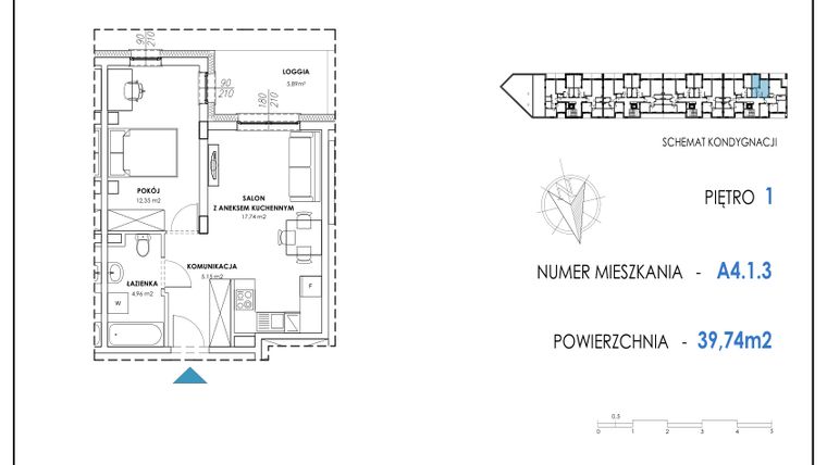 Rzut - Mieszkanie na sprzedaż 2 pokoje o powierzchni 39,74 m² - numer A4.1.3 w Apartamenty Nowe Miasto
