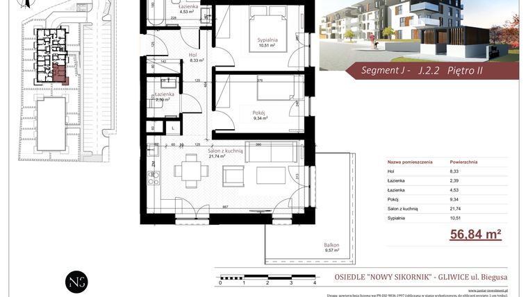 Rzut - Mieszkanie na sprzedaż 2 pokoje o powierzchni 56,84 m² - numer J.2.2 w Nowy Sikornik - Etap 3