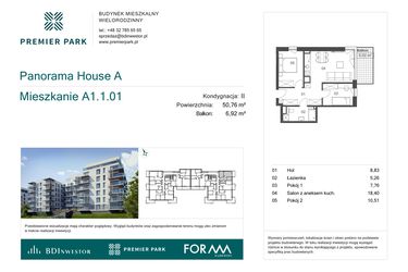 Rzut - Mieszkanie na sprzedaż 3 pokoje o powierzchni 50,76 m² - numer A1.1.01 w Premier Park II