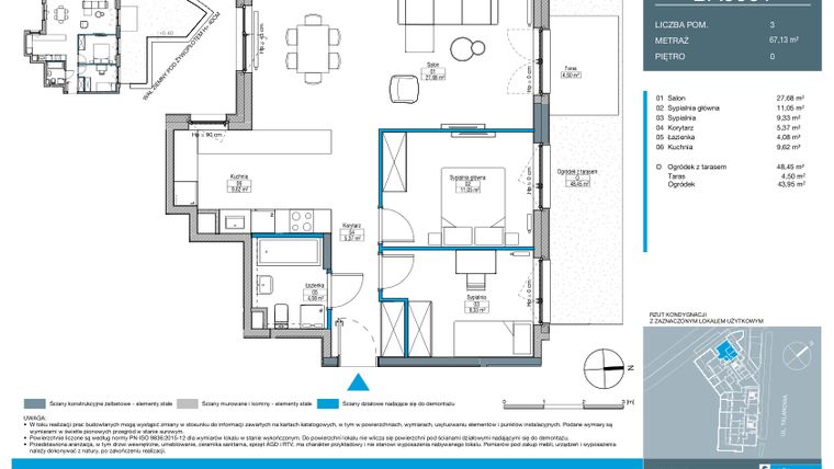 Rzut - Mieszkanie na sprzedaż 3 pokoje o powierzchni 67,13 m² - numer BA0001 w Talarowa Park