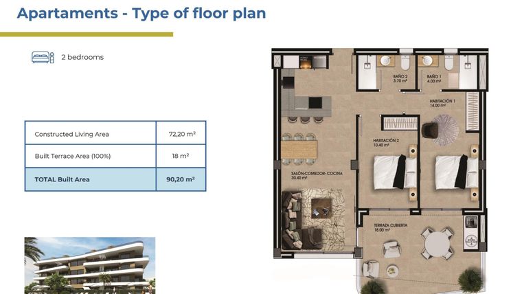 Rzut - Mieszkanie na sprzedaż 2 pokoje o powierzchni 90,2 m² - numer 14-2 w Apartamenty w Orihuela - 73289875