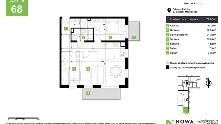 Rzut - Mieszkanie na sprzedaż 3 pokoje o powierzchni 72,06 m² - numer M68 w Nowa Częstochowa Mościckiego
