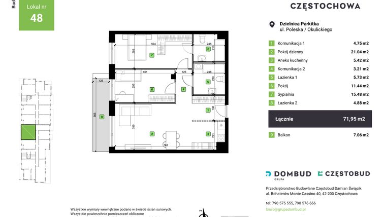 Rzut - Mieszkanie na sprzedaż 3 pokoje o powierzchni 71,95 m² - numer A2-48 w Nowa Częstochowa