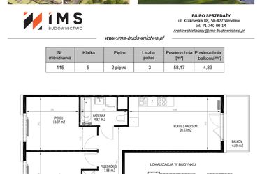 Rzut - Mieszkanie na sprzedaż 3 pokoje o powierzchni 58,27 m² - numer 115 w Krakowskie Tarasy etap V