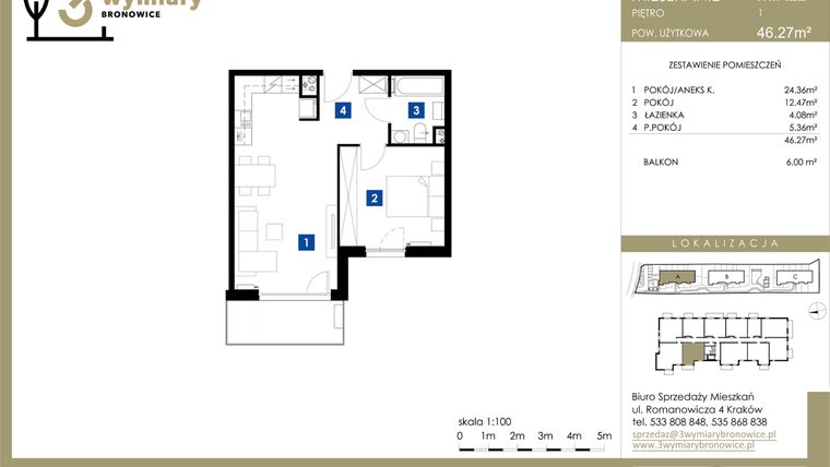 Rzut - Mieszkanie na sprzedaż 2 pokoje o powierzchni 46,27 m² - numer M.A22 w 3 Wymiary Bronowice