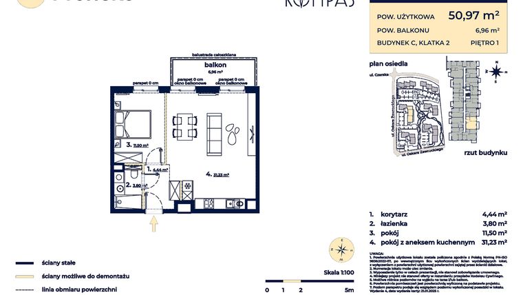 Rzut - Mieszkanie na sprzedaż 2 pokoje o powierzchni 50,97 m² - numer C48 w Osiedle Kompas