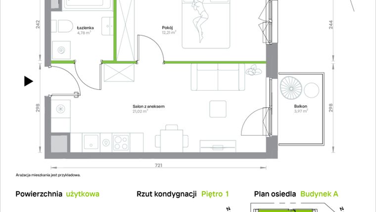 Rzut - Mieszkanie na sprzedaż 2 pokoje o powierzchni 38,01 m² - numer A/1/21 w Krakowska Vita