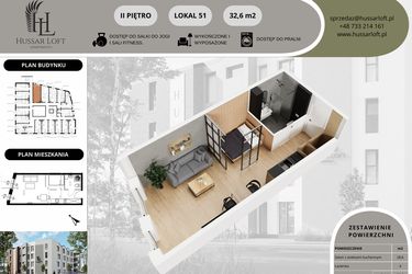 Rzut - Mieszkanie na sprzedaż 1 pokój o powierzchni 32,6 m² - numer 51 w Hussar Loft - Apartamenty inwestycyjne