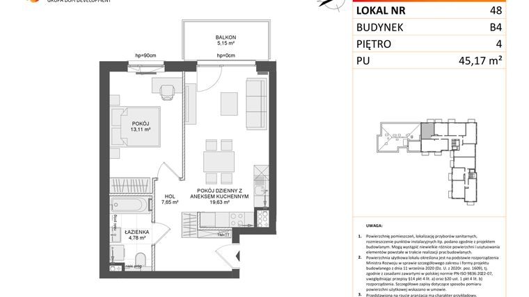 Rzut - Mieszkanie na sprzedaż 2 pokoje o powierzchni 45,17 m² - numer B4.48 w Osiedle Przy Błoniach 3 etap III