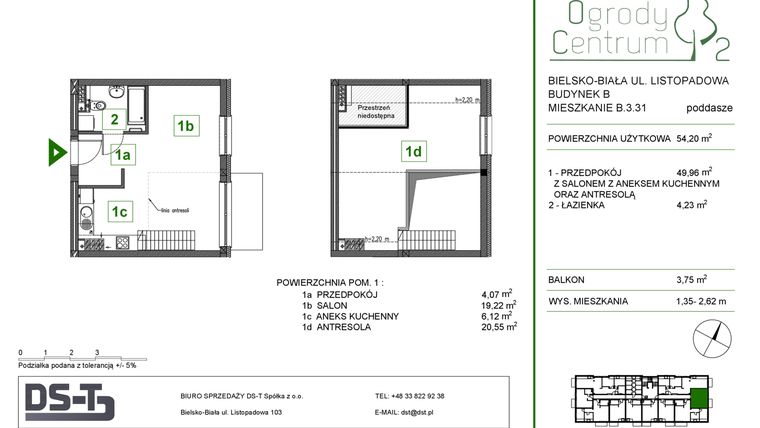 Rzut - Mieszkanie na sprzedaż 1 pokój o powierzchni 54,2 m² - numer B.3.31 w Ogrody Centrum 2