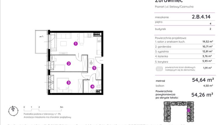 Rzut - Mieszkanie na sprzedaż 2 pokoje o powierzchni 54,26 m² - numer 2.B.4.14 w Murapol Zielony Żurawiniec